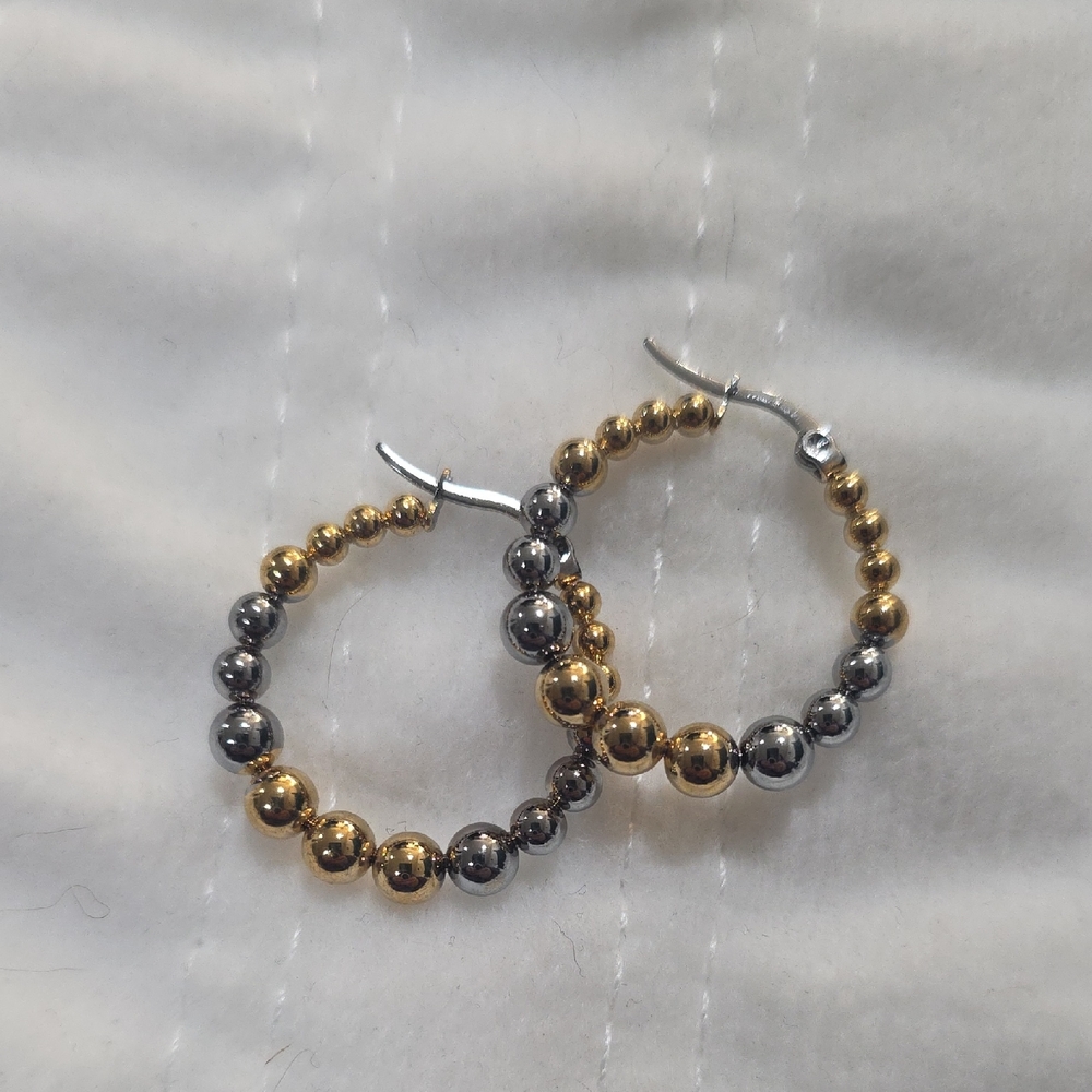 Elegant Stainless Steel Gold and Silver Beaded Hoop Earrings